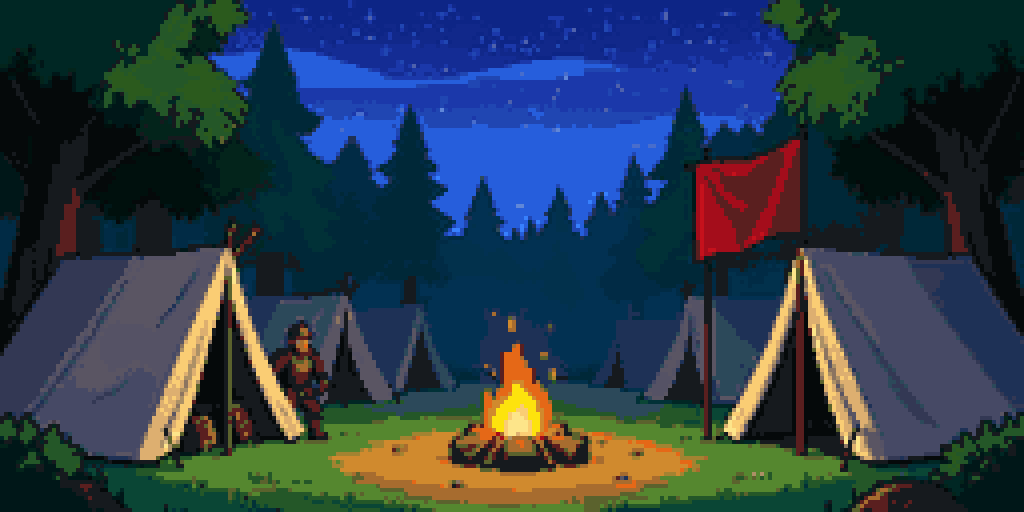 Tents and a campfire under the sheriff's banner